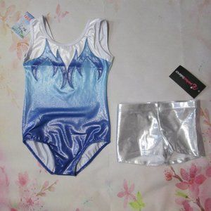 Leotard Shorts Set New Girls IC 6-7 Dance Gymnastics Blue Silver